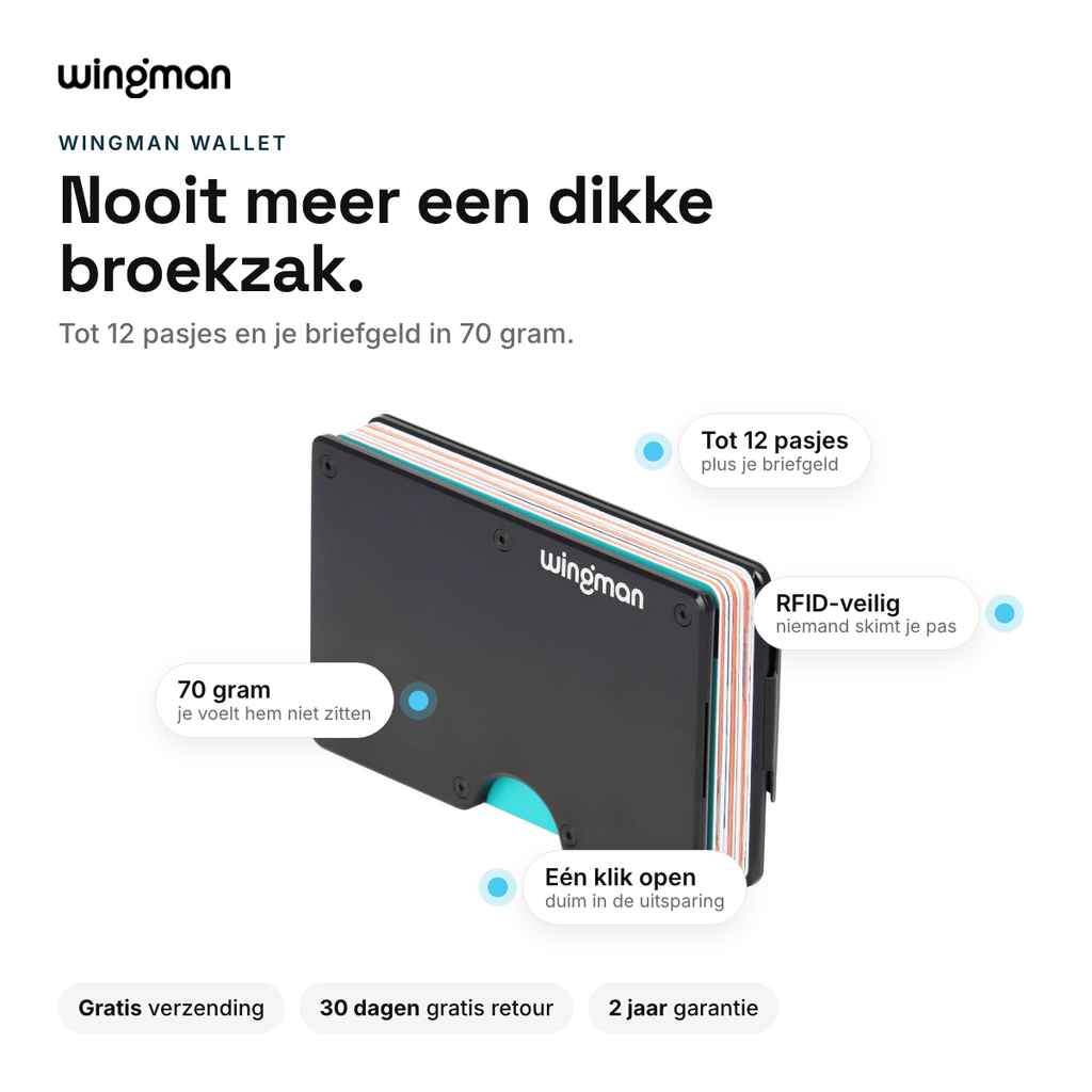 Wingman Wallet voordelen: tot 12 pasjes, 70 gram, RFID-veilig, één klik open