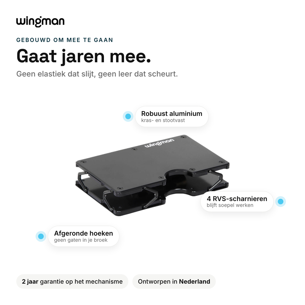 Wingman Wallet gebouwd om mee te gaan: robuust aluminium, RVS-scharnieren, afgeronde hoeken