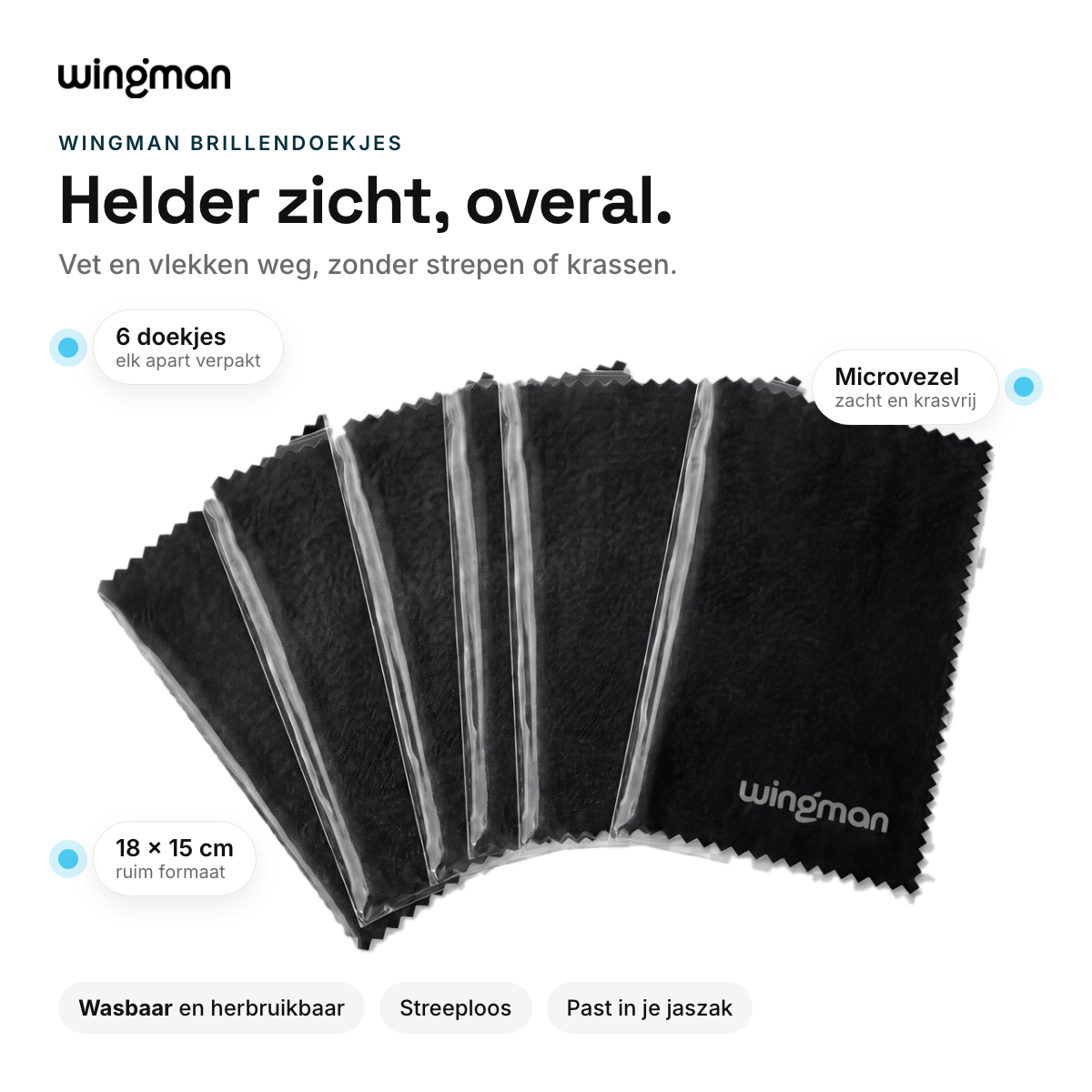 Wingman brillendoekjes: 6 stuks, microvezel, 18 x 15 cm