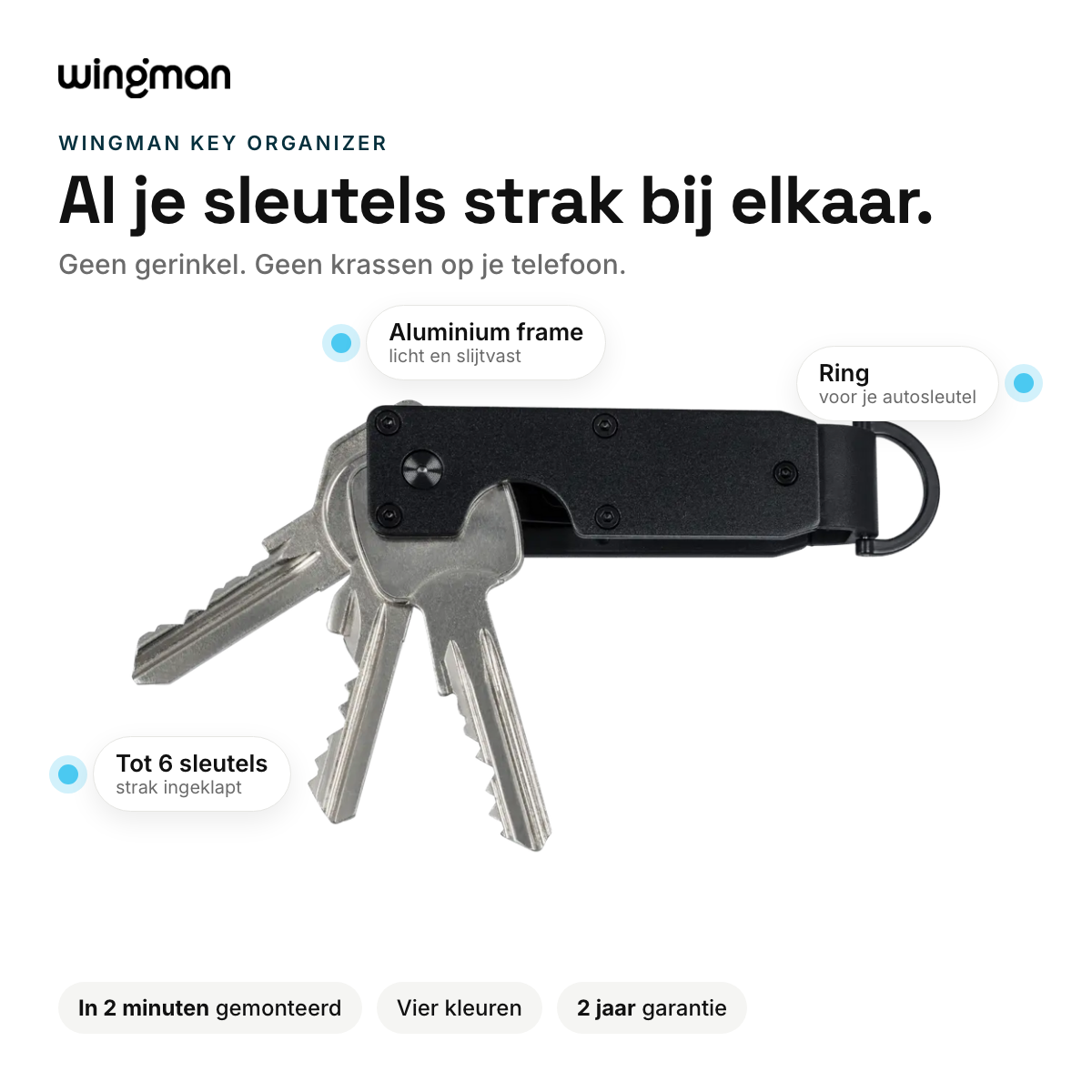 Wingman Key Organizer voordelen: aluminium frame, tot 6 sleutels, ring voor je autosleutel